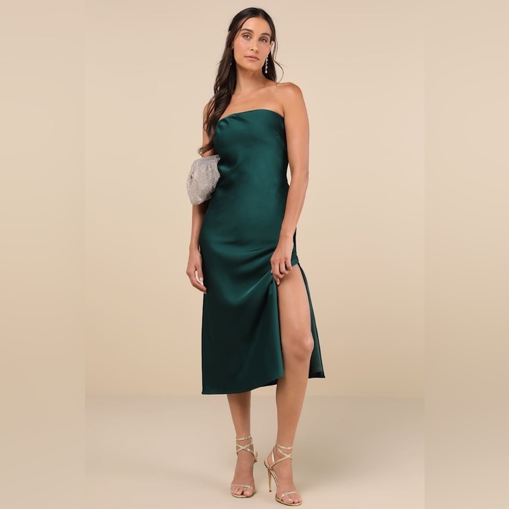 Lulu's Deep Emerald Strapless Satin Midi Dress